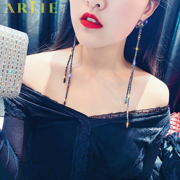 Black colored Rhinestone long Bow Earrings - Picture 13 of 16